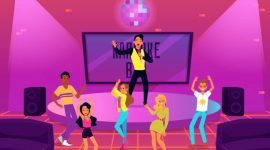 People cartoon characters having dance and music party in Karaoke bar flat vector illustration. Young men and women dancing and singing in night Karaoke club interior.