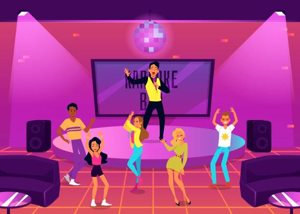 People cartoon characters having dance and music party in Karaoke bar flat vector illustration. Young men and women dancing and singing in night Karaoke club interior.